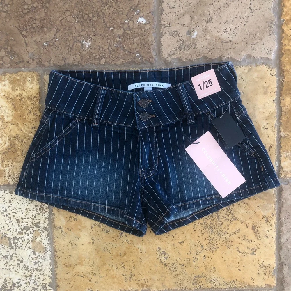 CELEBRITY PINK - NWT DARK BLUE PINSTRIPE DENIM SHORTS + WOMENS SIZE 1/25